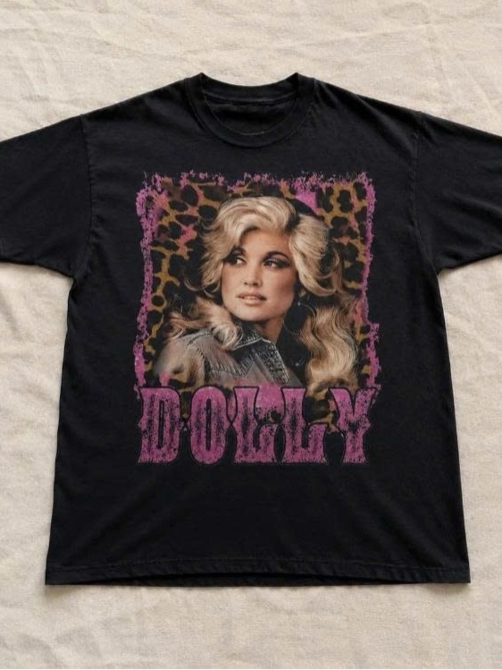 Dolly Parton Black Graphic Tee with Pink and Leopard Print